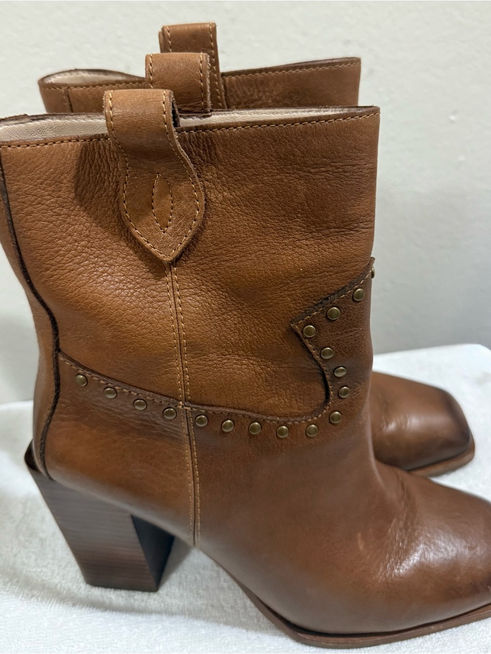 PAIGE Cognac Leather Studded Ankle Booties - Picture 2 of 6